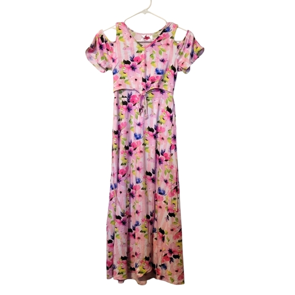 Rmla Soft Floral Pink And Green Cold Shoulder Maxi Dress Size 7 Girls - Picture 1 of 12
